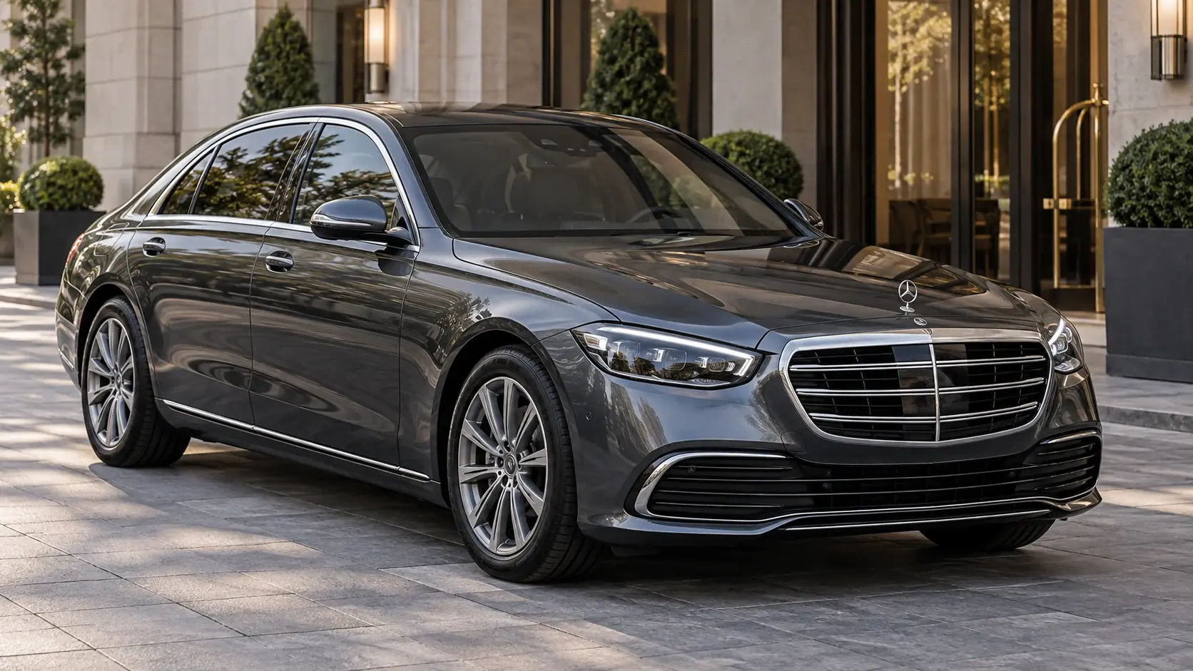 Illustrazione editoriale generata dall'intelligenza artificiale della Mercedes-Benz S 680 GUARD 4MATIC, esterni completi in una composizione originale di tre quarti anteriore.