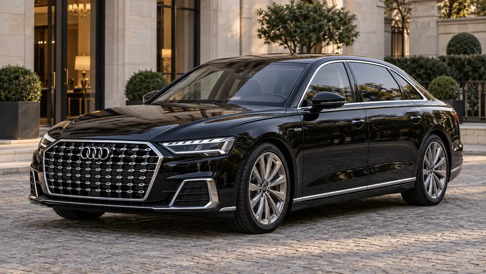 Illustrazione editoriale generata dall'intelligenza artificiale dell'Audi A8 L Security, esterni completi in una composizione originale di tre quarti frontale.