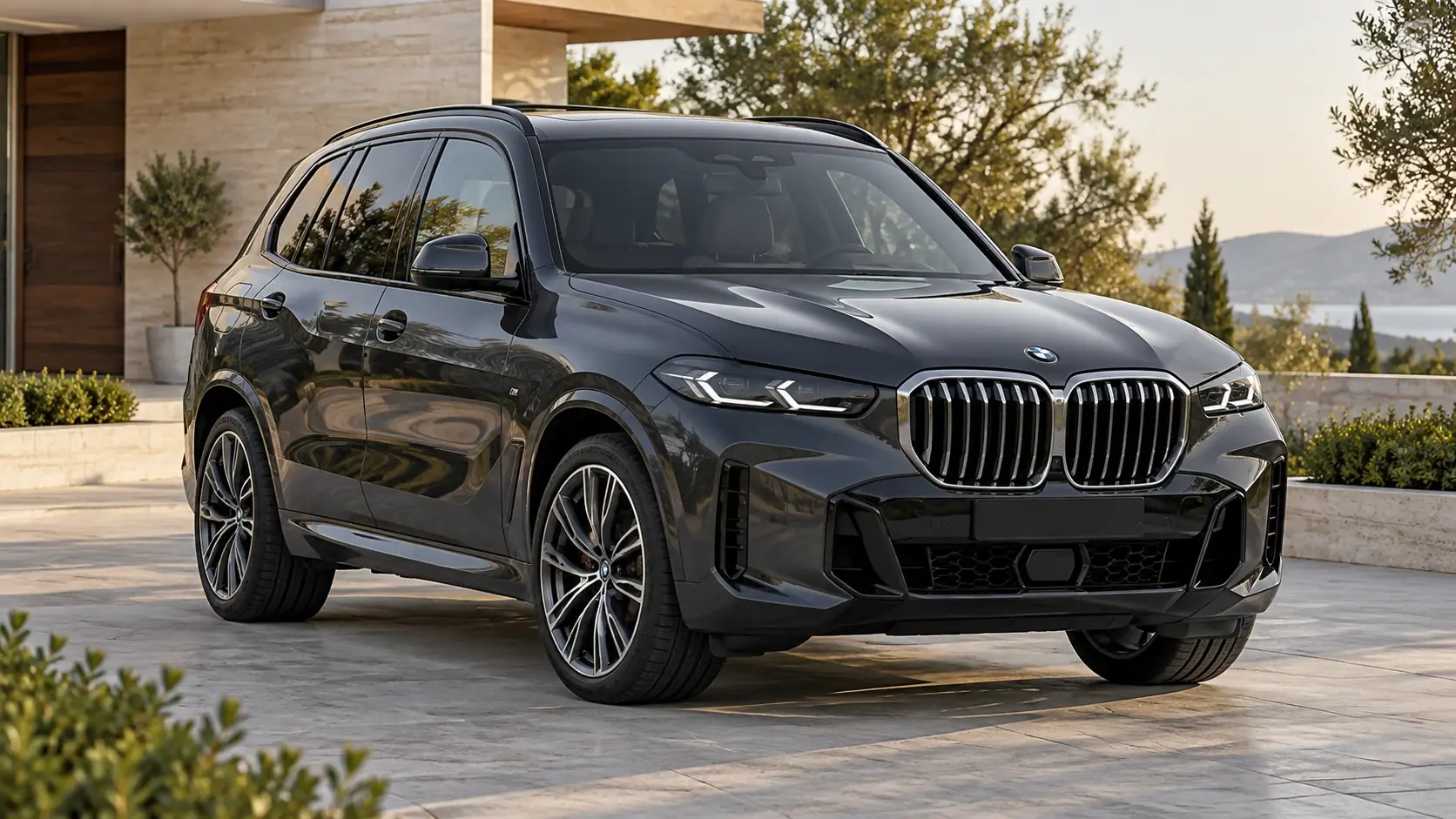 Illustrazione editoriale generata dall'intelligenza artificiale della BMW X5 Protection VR6, esterni completi in una composizione originale di tre quarti anteriore.