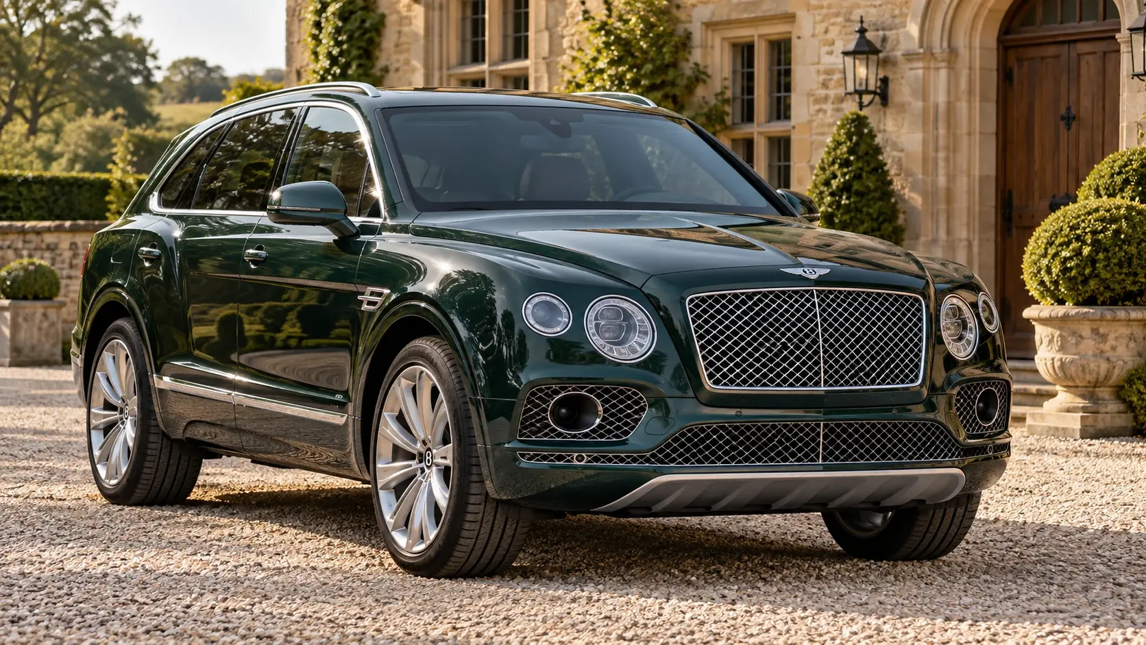 Illustrazione editoriale generata dall'intelligenza artificiale della Bentley Bentayga W12 — conversione INKAS, esterni completi in una composizione originale a tre quarti frontale.