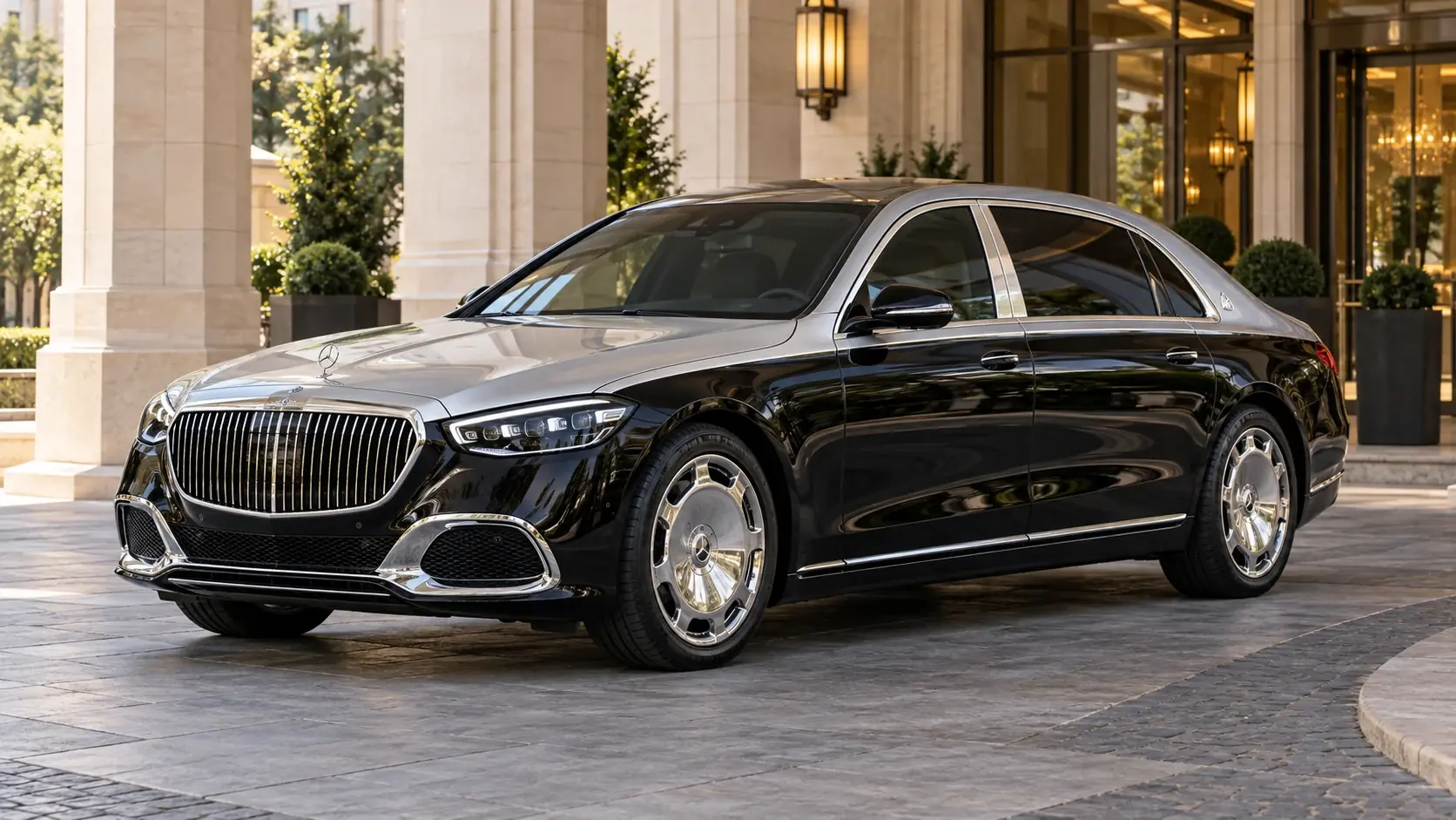 Illustrazione editoriale generata dall'intelligenza artificiale della Mercedes-Maybach S 680 - conversione INKAS, esterni completi in una composizione originale a tre quarti anteriore.