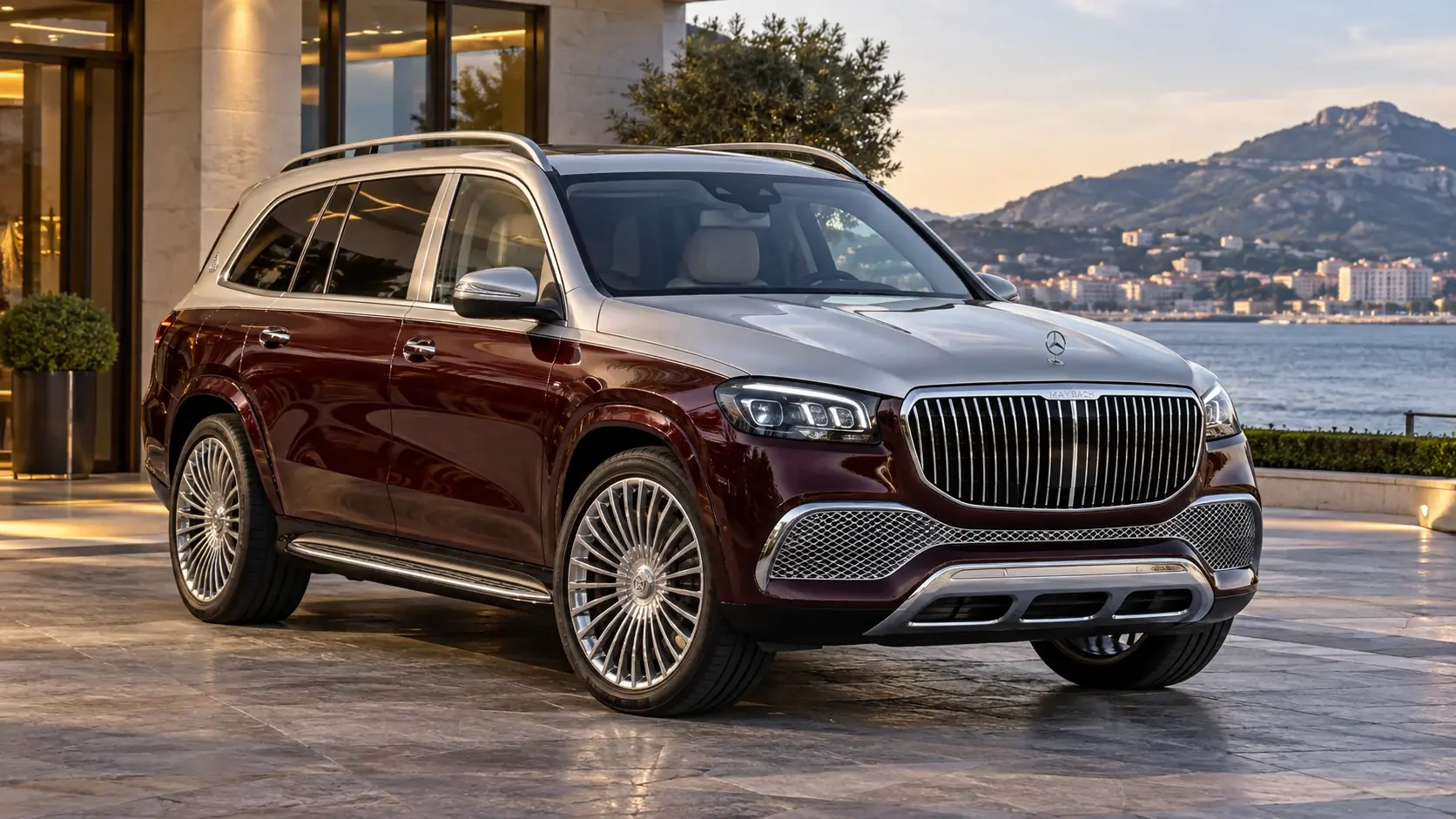 Illustrazione editoriale generata dall'intelligenza artificiale della Mercedes-Maybach GLS 600 — Conversione INKAS, esterni completi in una composizione originale a tre quarti anteriore.