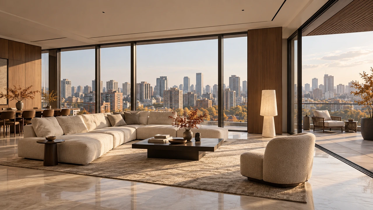 AI-generated illustration of a fictional Beijing penthouse living room and modest terrace