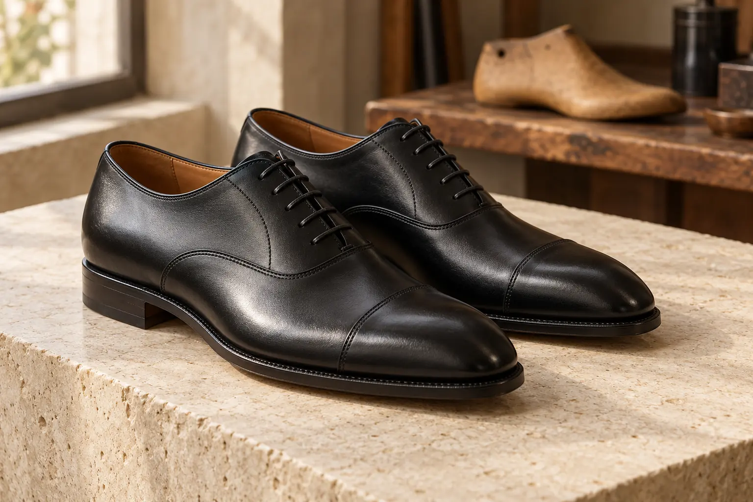 Ejemplo de estilo generado por IA de un par de zapatos Oxford de cuero negro con puntera para hombre en un taller imaginario.