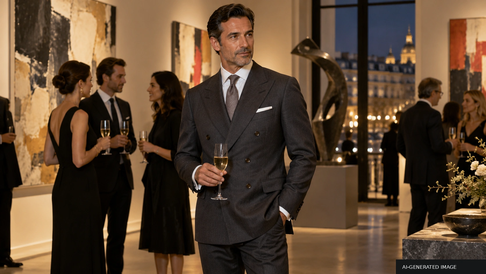 AI-generated illustration of a man in a charcoal double-breasted suit at a Paris-inspired evening business reception