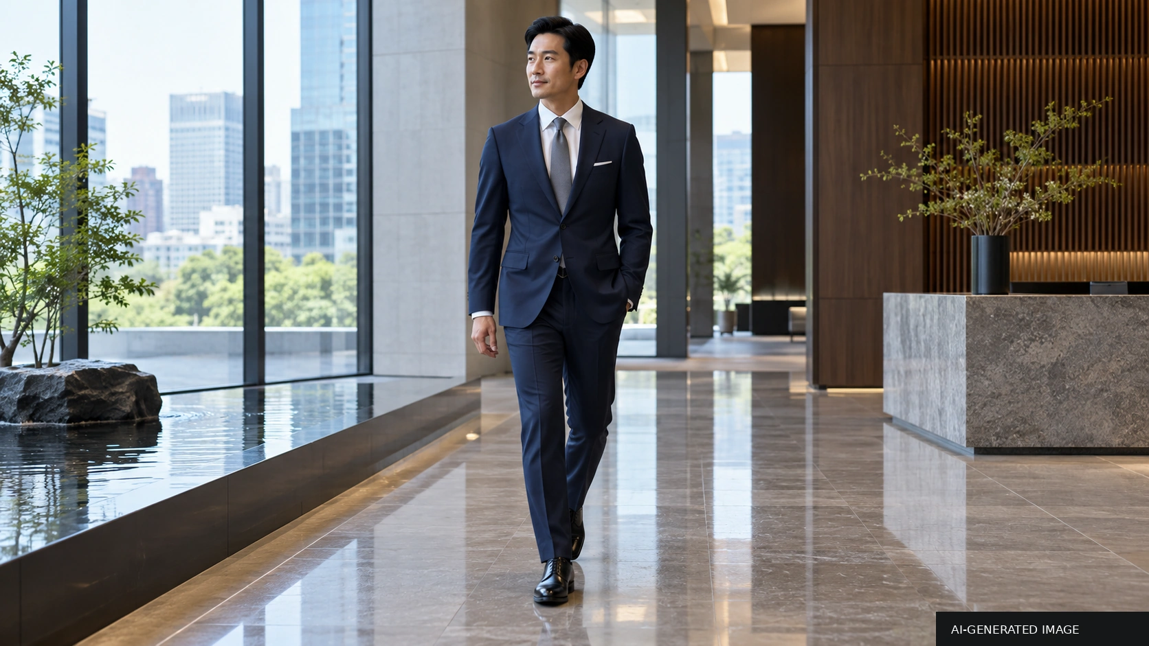 AI-generated illustration of an East Asian man in a navy business suit walking through a minimalist Tokyo-inspired office lobby