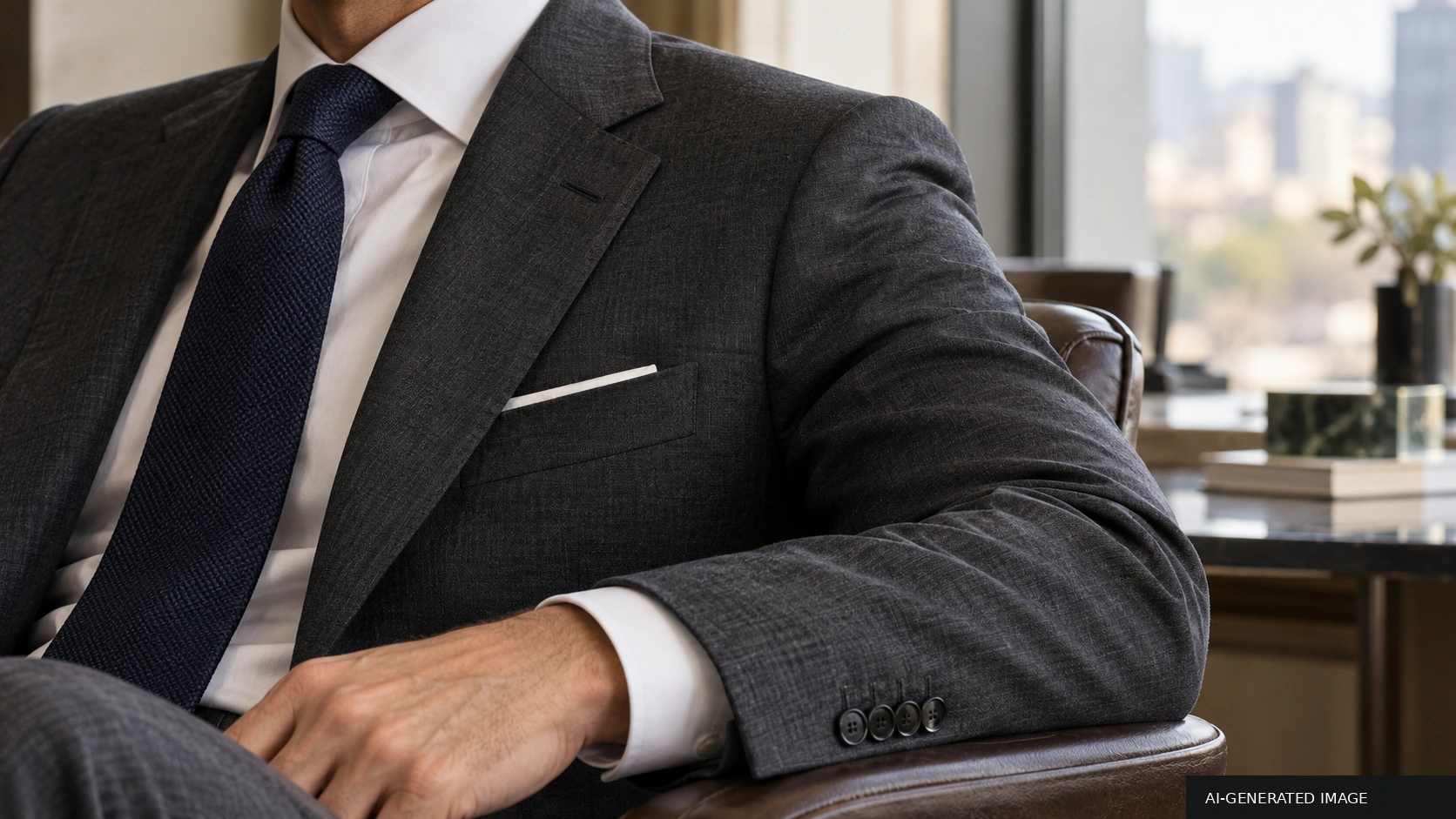 AI-generated illustration showing the wool weave, lapel, collar and sleeve cuff of a charcoal business suit