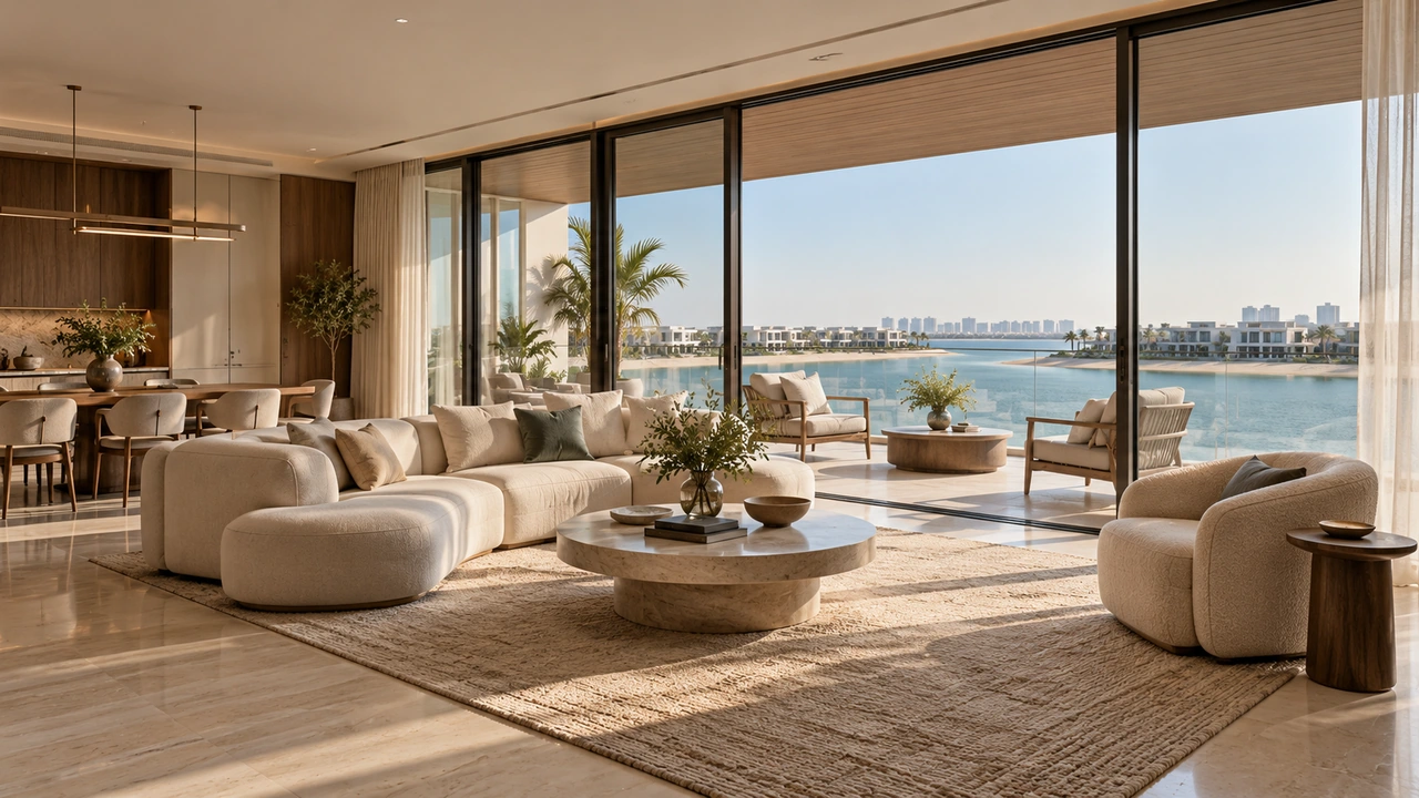 Illustrazione generata dall’IA: un appartamento costiero ispirato a Palm Jumeirah