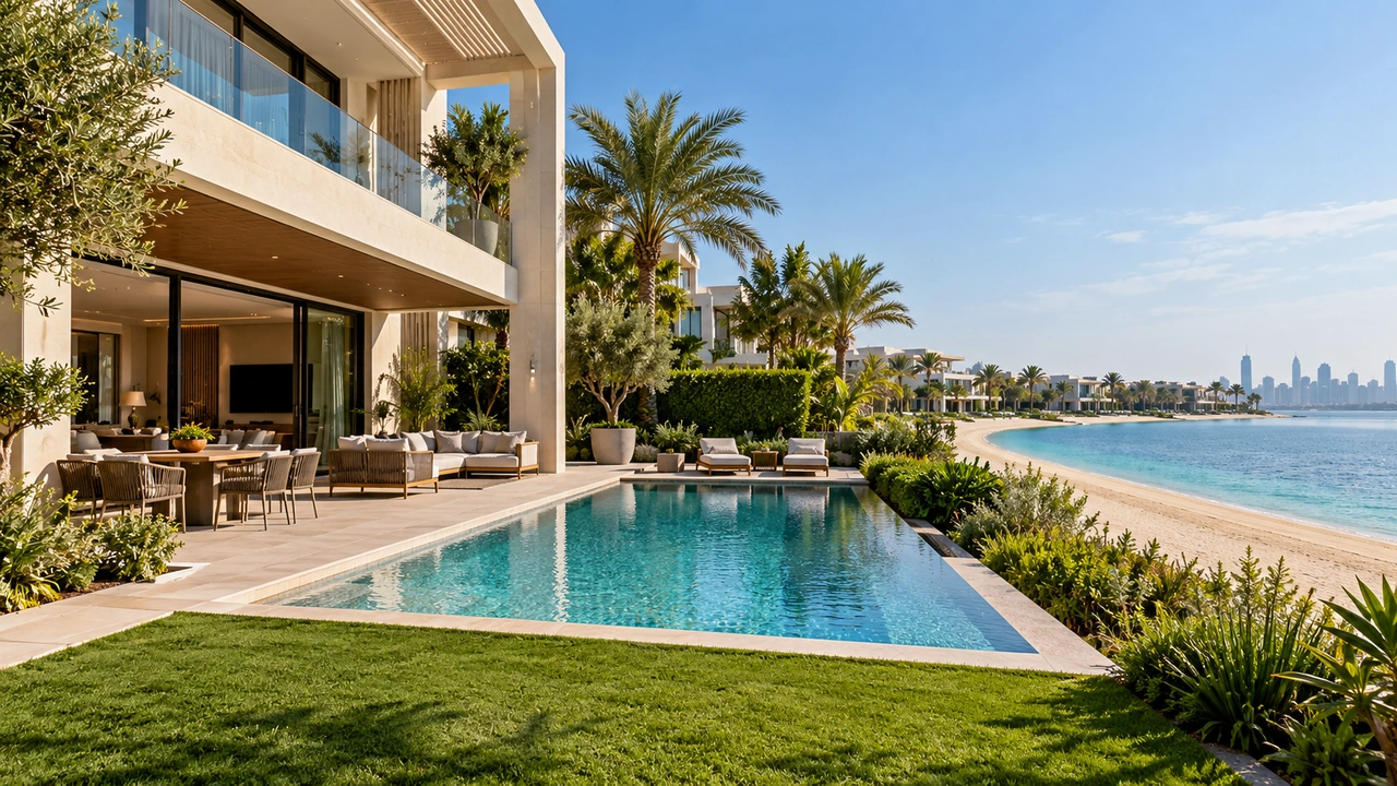 Illustrazione generata dall’IA: una villa sull’acqua con piscina ispirata a Palm Jumeirah