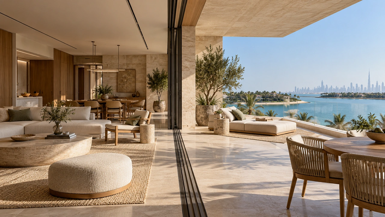 Illustrazione generata dall’IA: un appartamento insulare ispirato a Jumeirah Bay