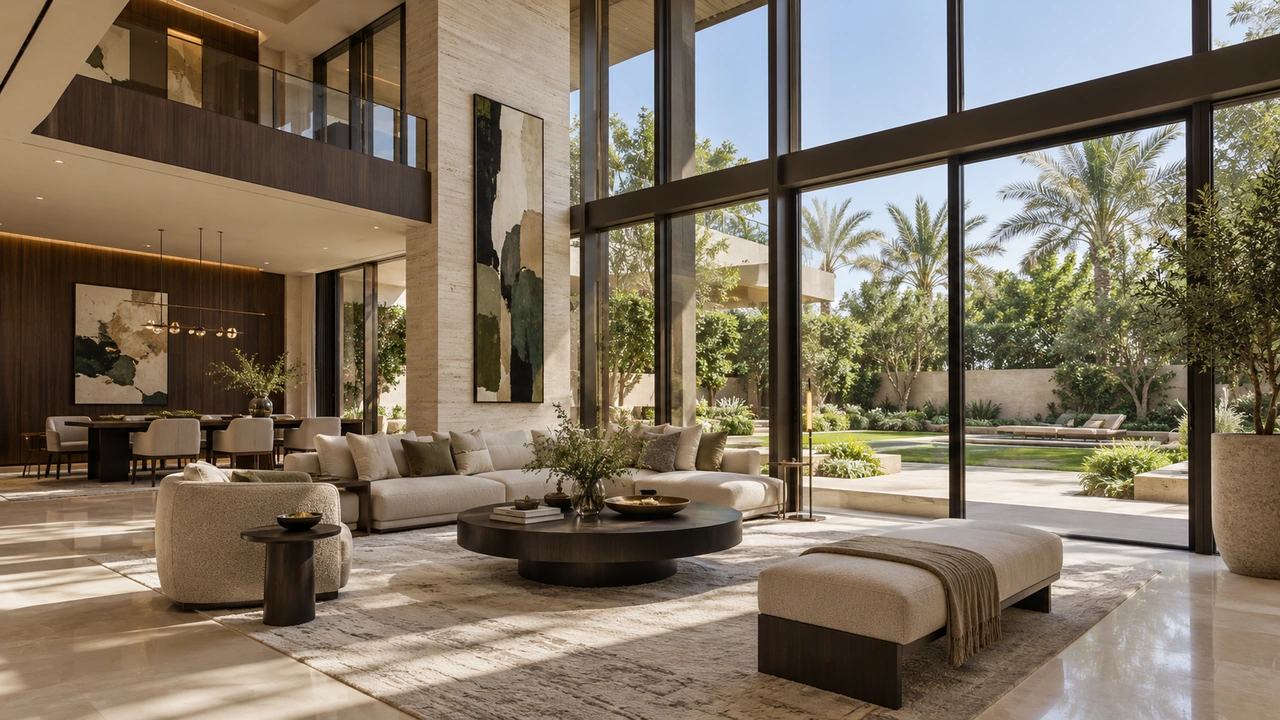 Illustrazione generata dall’IA: un soggiorno di villa ispirato a Emirates Hills, non un appartamento