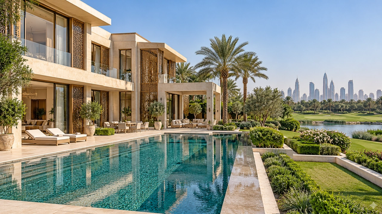 Illustrazione generata dall’IA: una dimora ispirata a Emirates Hills presso un paesaggio di golf curato