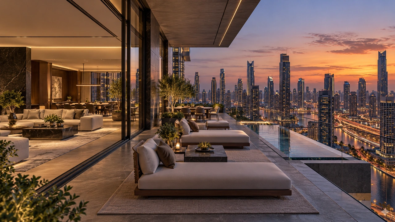 Illustrazione generata dall’IA: un attico ispirato a Downtown Dubai con skyline fittizio