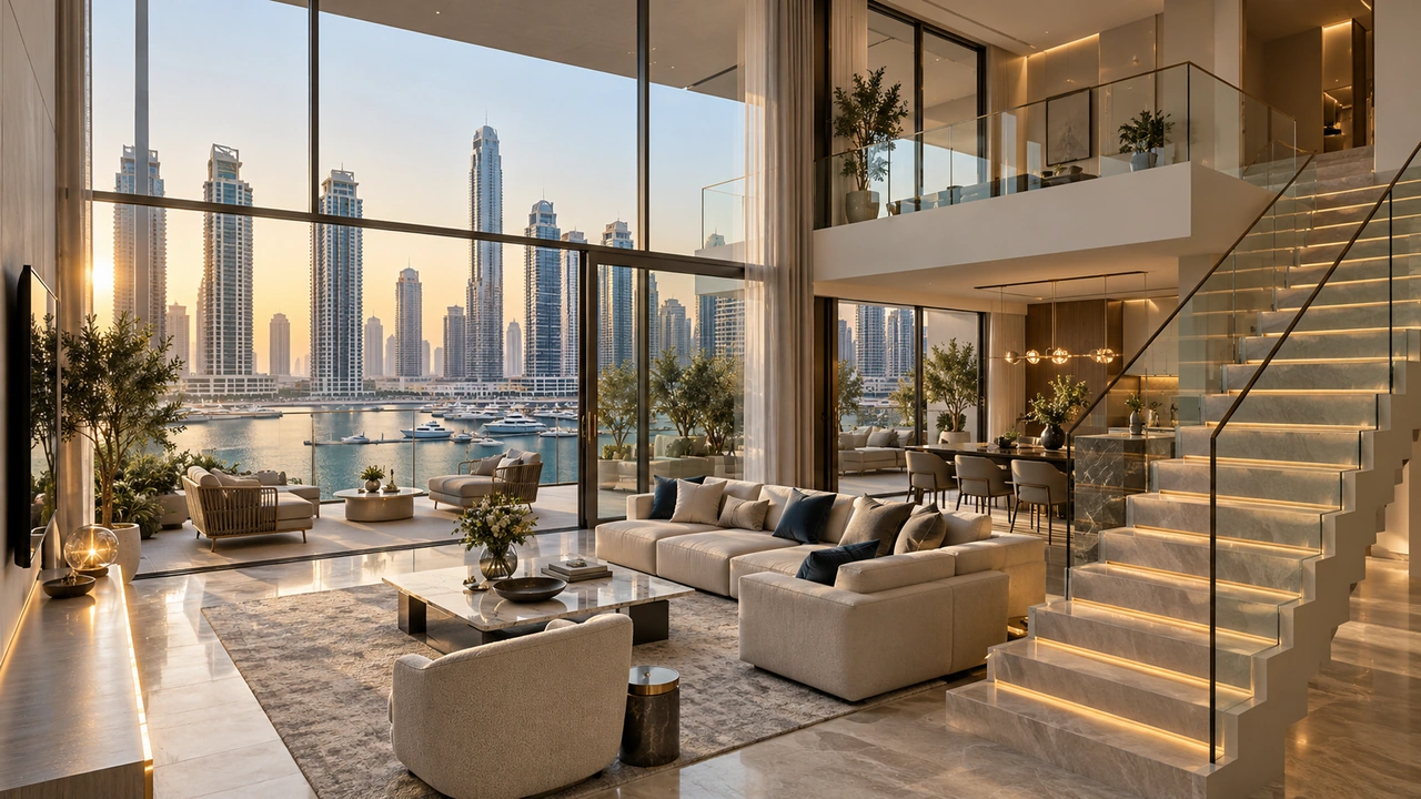 Illustrazione generata dall’IA: un duplex ispirato a Dubai Marina con scala