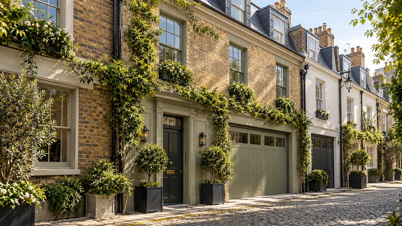 एआई द्वारा बनाई गई चित्रात्मक प्रस्तुति: Knightsbridge से प्रेरित mews मकान, छोटी पत्थर-बिछी गली में।
