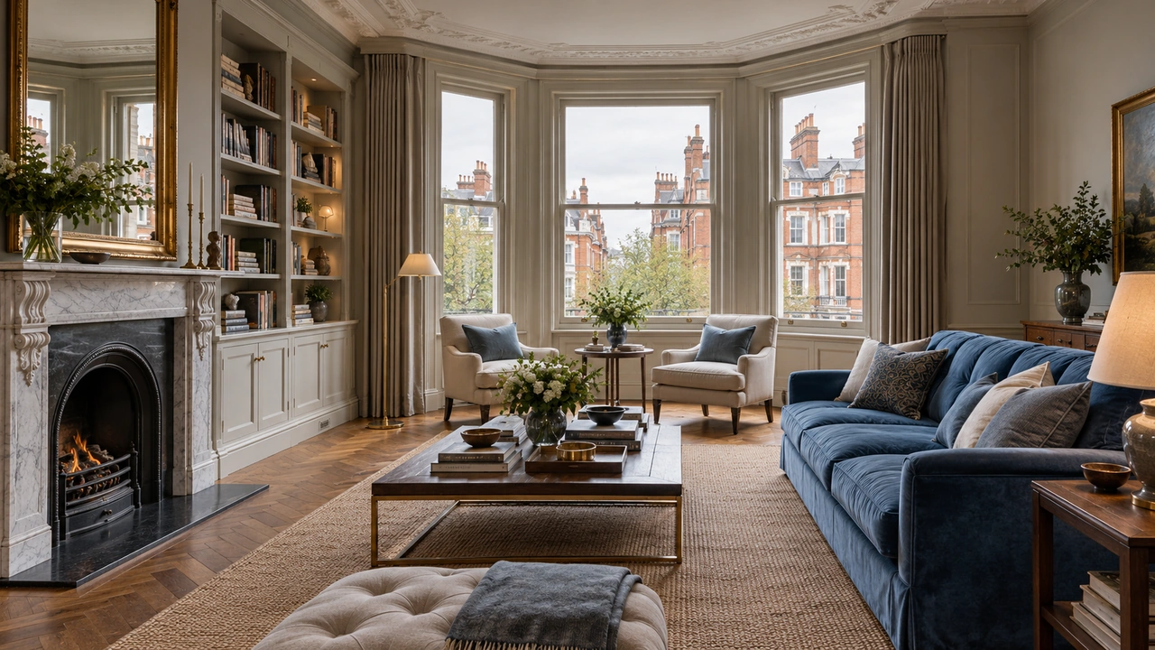एआई द्वारा बनाई गई चित्रात्मक प्रस्तुति: Kensington से प्रेरित आलीशान फ्लैट की बैठक, बाहर निकली खिड़कियों और नीली साज-सज्जा के साथ।