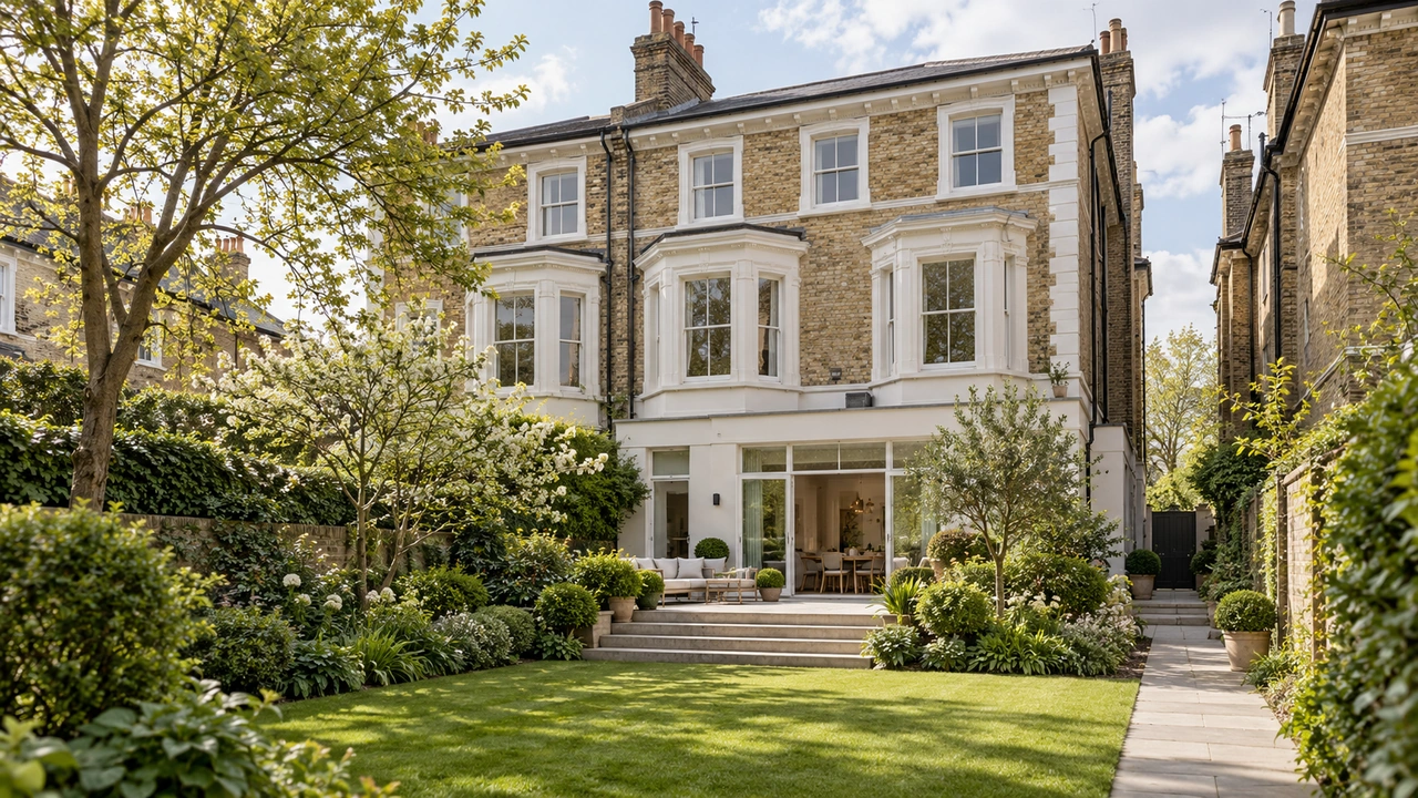 एआई द्वारा बनाई गई चित्रात्मक प्रस्तुति: Kensington से प्रेरित अर्ध-स्वतंत्र मकान, बगीचे से देखा गया।
