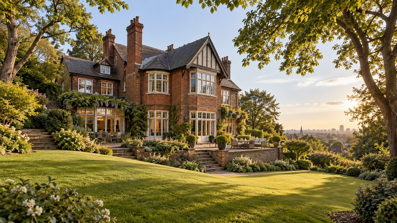 एआई द्वारा बनाई गई चित्रात्मक प्रस्तुति: Hampstead से प्रेरित ईंट का निवास, विकसित ढलवाँ बगीचे में।