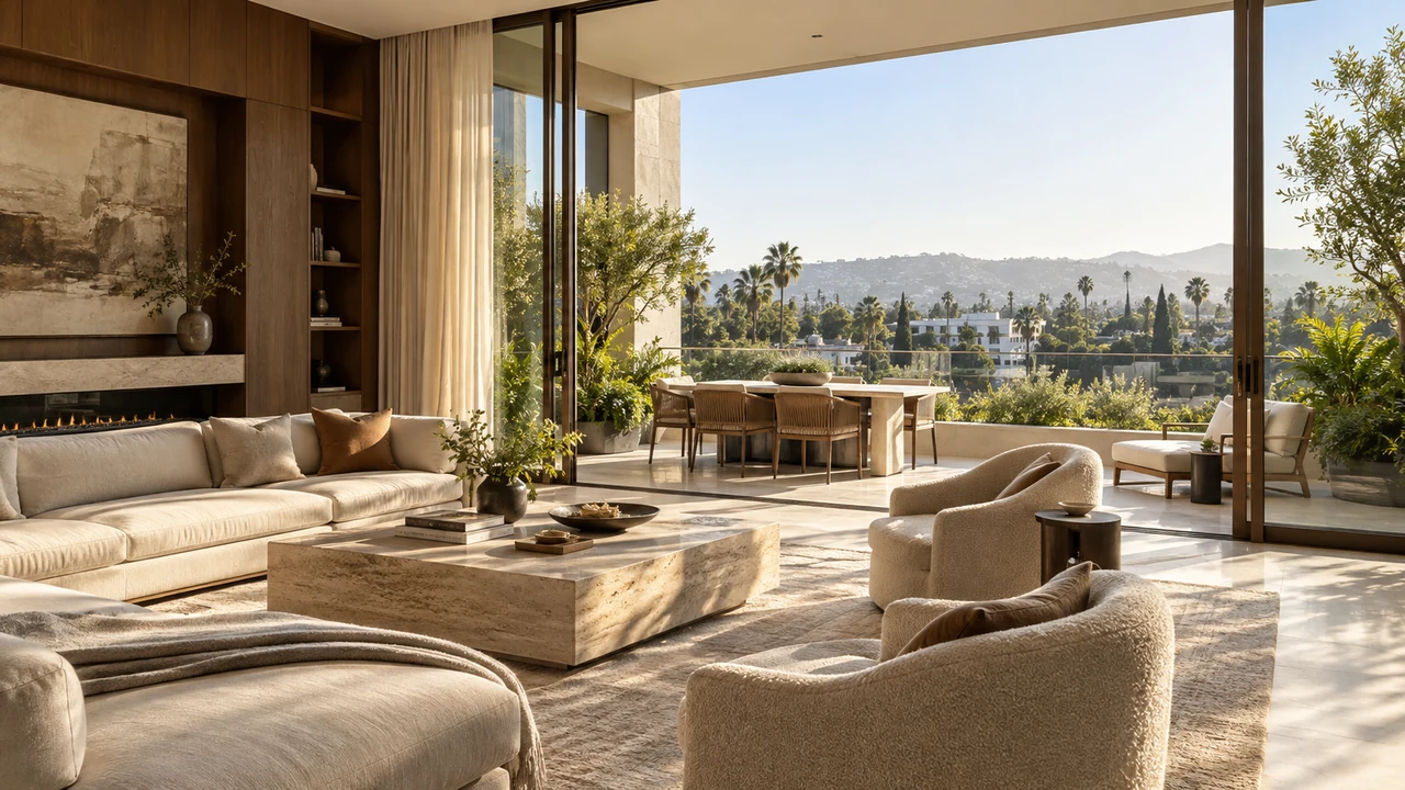 एआई द्वारा बनाया गया चित्र: शहरी टेरेस वाला Beverly Hills कॉन्डोमिनियम बैठक कक्ष