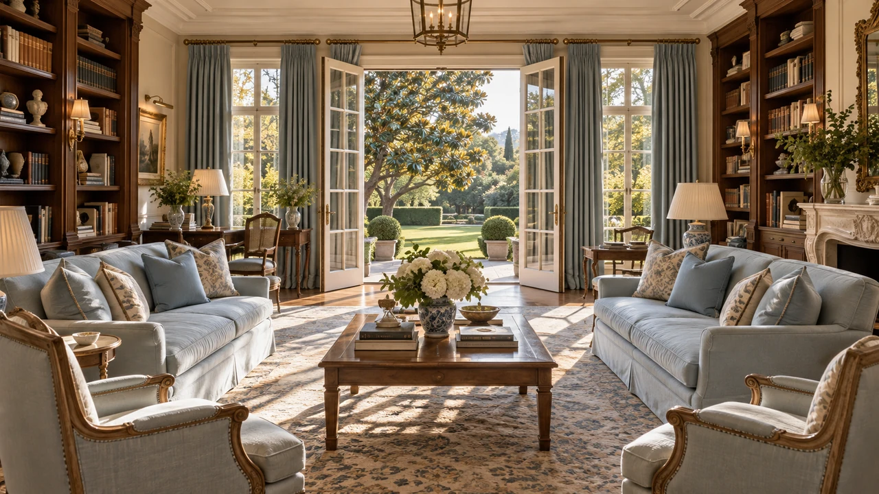 एआई द्वारा बनाया गया चित्र: बगीचे की ओर खुलता Holmby Hills संपत्ति का पुस्तकालय