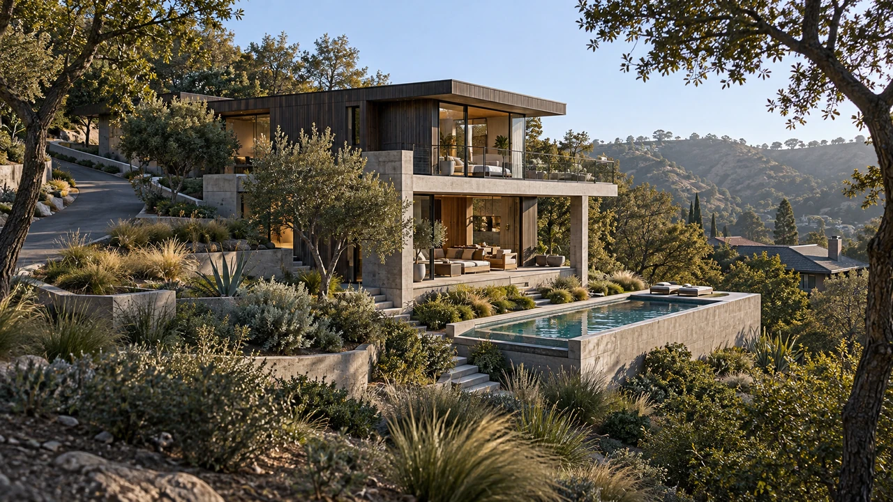 एआई द्वारा बनाया गया चित्र: कैन्यन ढलान के अनुरूप Hollywood Hills विला