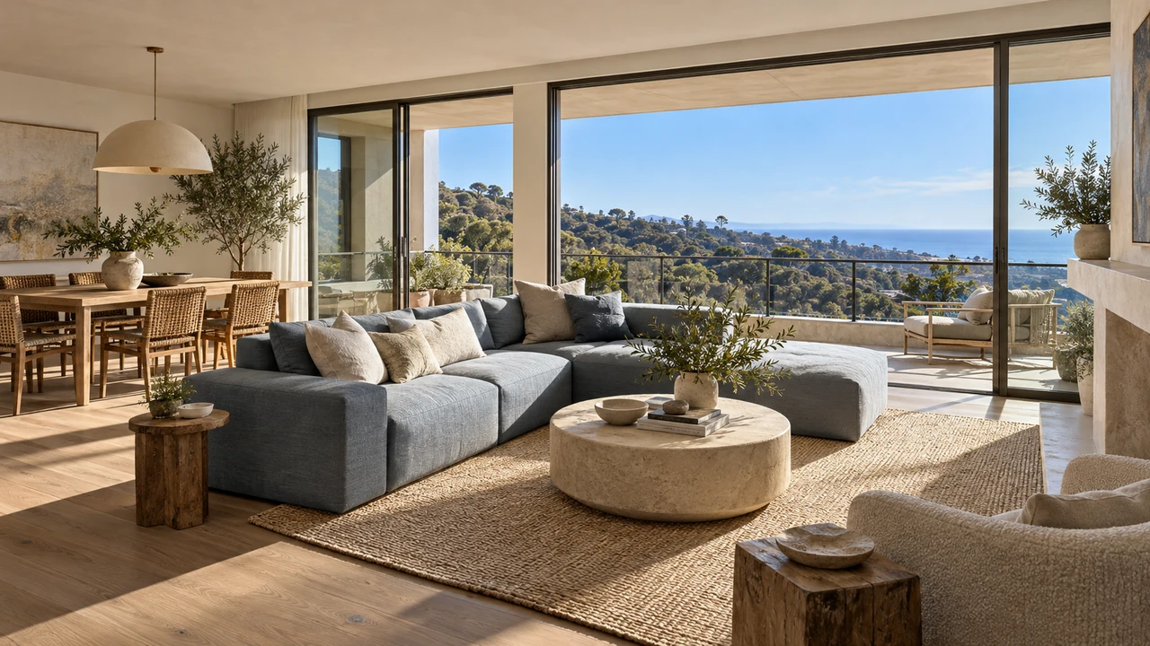 एआई द्वारा बनाया गया चित्र: तटीय पहाड़ियों के दृश्य वाला Pacific Palisades कॉन्डोमिनियम