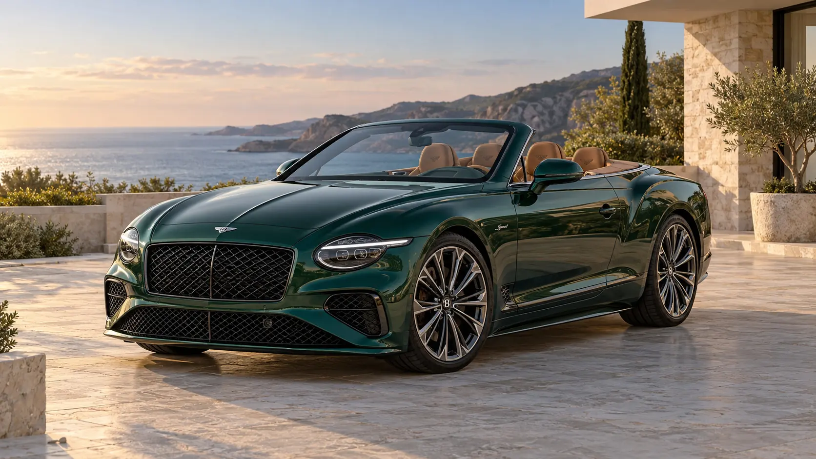 Ilustración generada por IA que representa el modelo Bentley Continental GTC con el techo bajado.