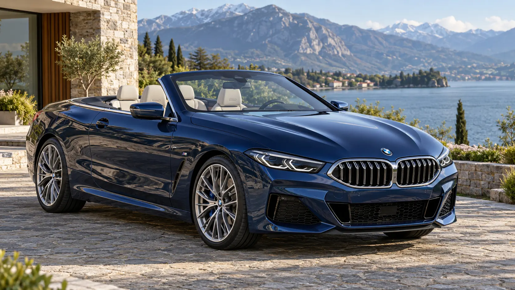 Ilustración generada por IA que representa el modelo BMW 8 Series Convertible con el techo bajado.