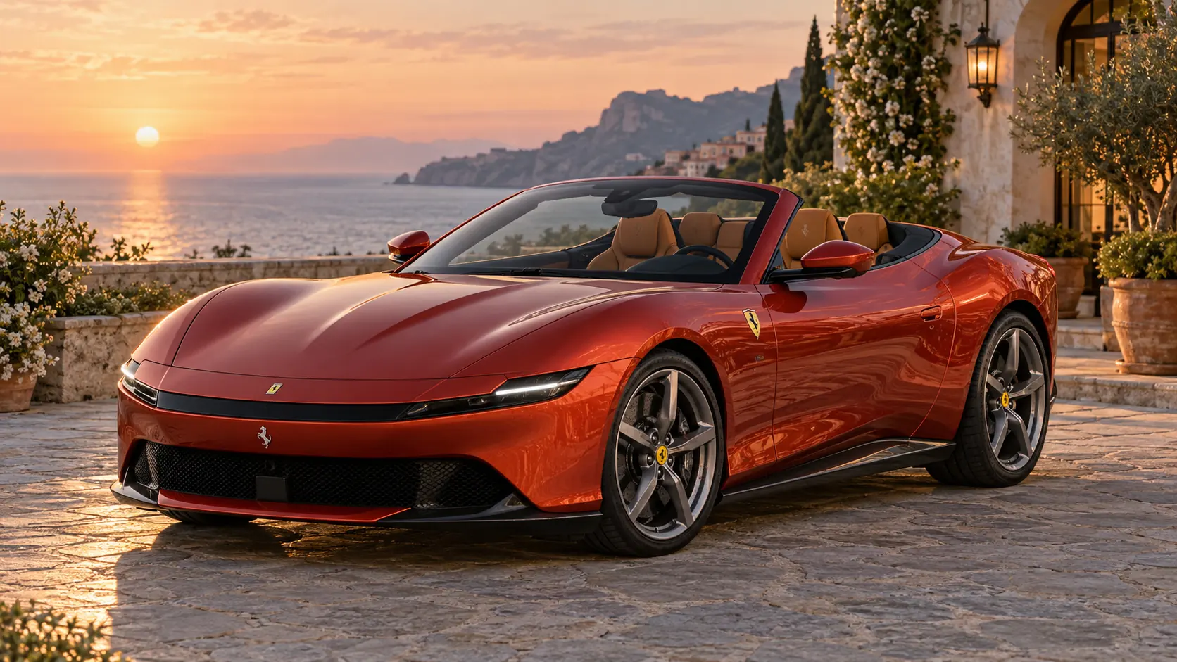 Ilustración generada por IA que representa el modelo Ferrari Amalfi Spider con el techo bajado.