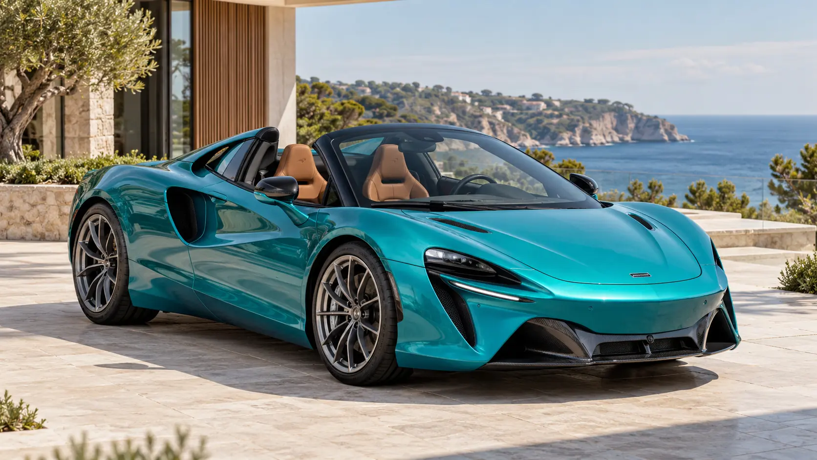Ilustración generada por IA que representa el modelo McLaren Artura Spider con el techo bajado.