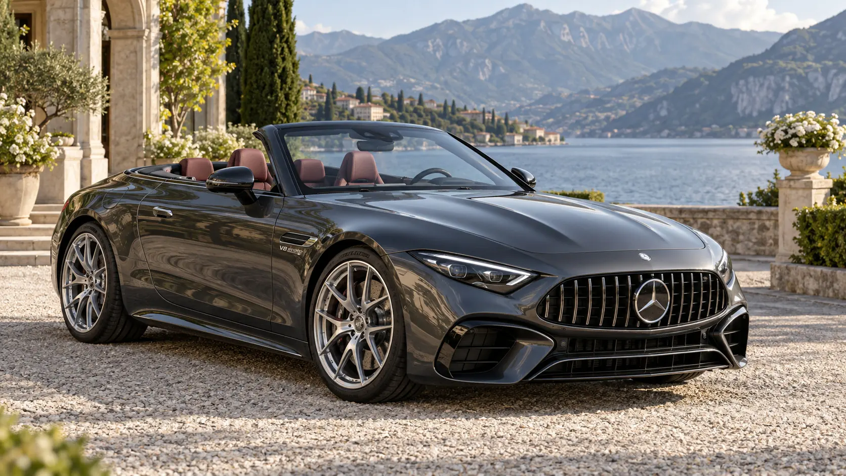 Ilustración generada por IA que representa el modelo Mercedes-AMG SL con el techo bajado.