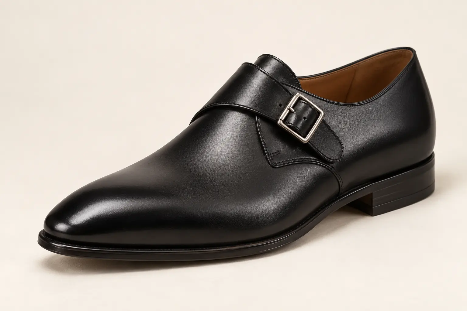 Ilustración generada por IA de un zapato monk strap negro de una sola hebilla.
