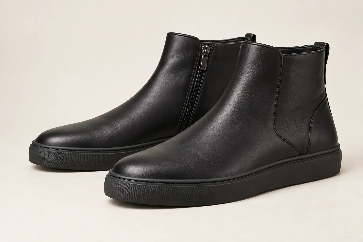 Ilustración mediante inteligencia artificial de un modelo híbrido original de zapatilla y bota negra hasta el tobillo, con parte superior de cuero liso y suela de goma.