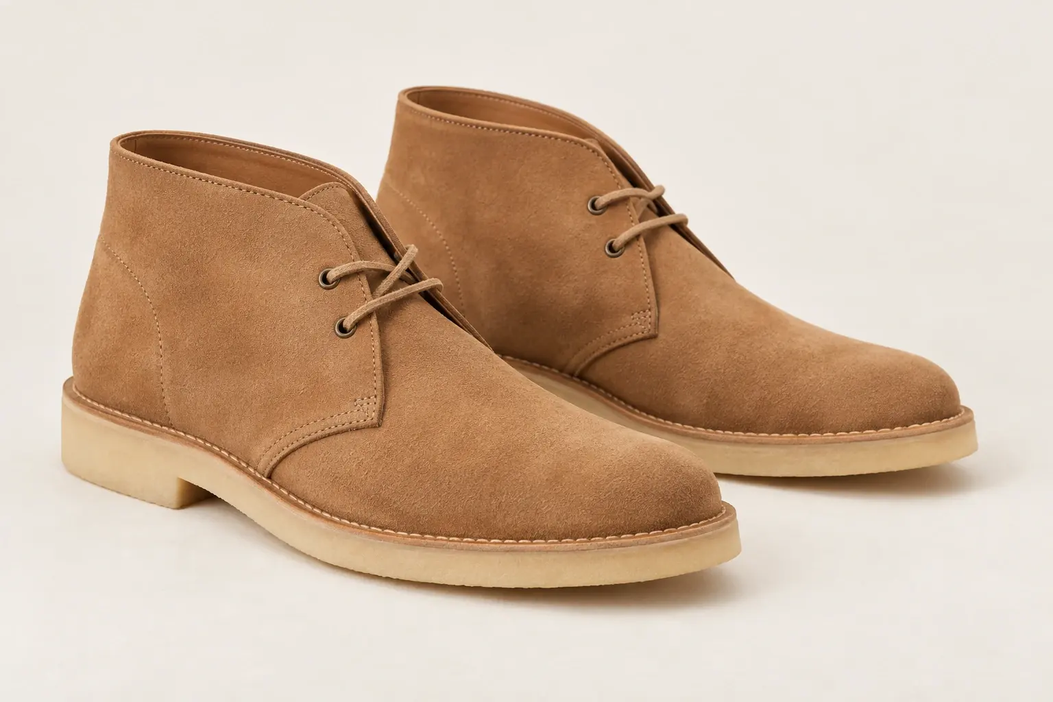 Ilustración mediante IA de unas botas chukka de ante color tostado sin marca, con caña corta hasta el tobillo y dos pares de ojales.