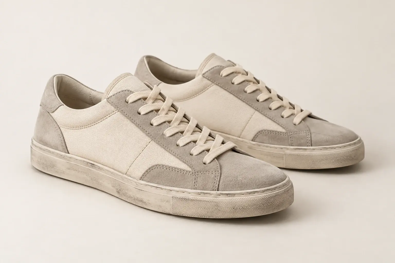 Ilustración mediante inteligencia artificial de unas zapatillas bajas originales con un acabado superficial deliberadamente envejecido y sutiles marcas de roce.
