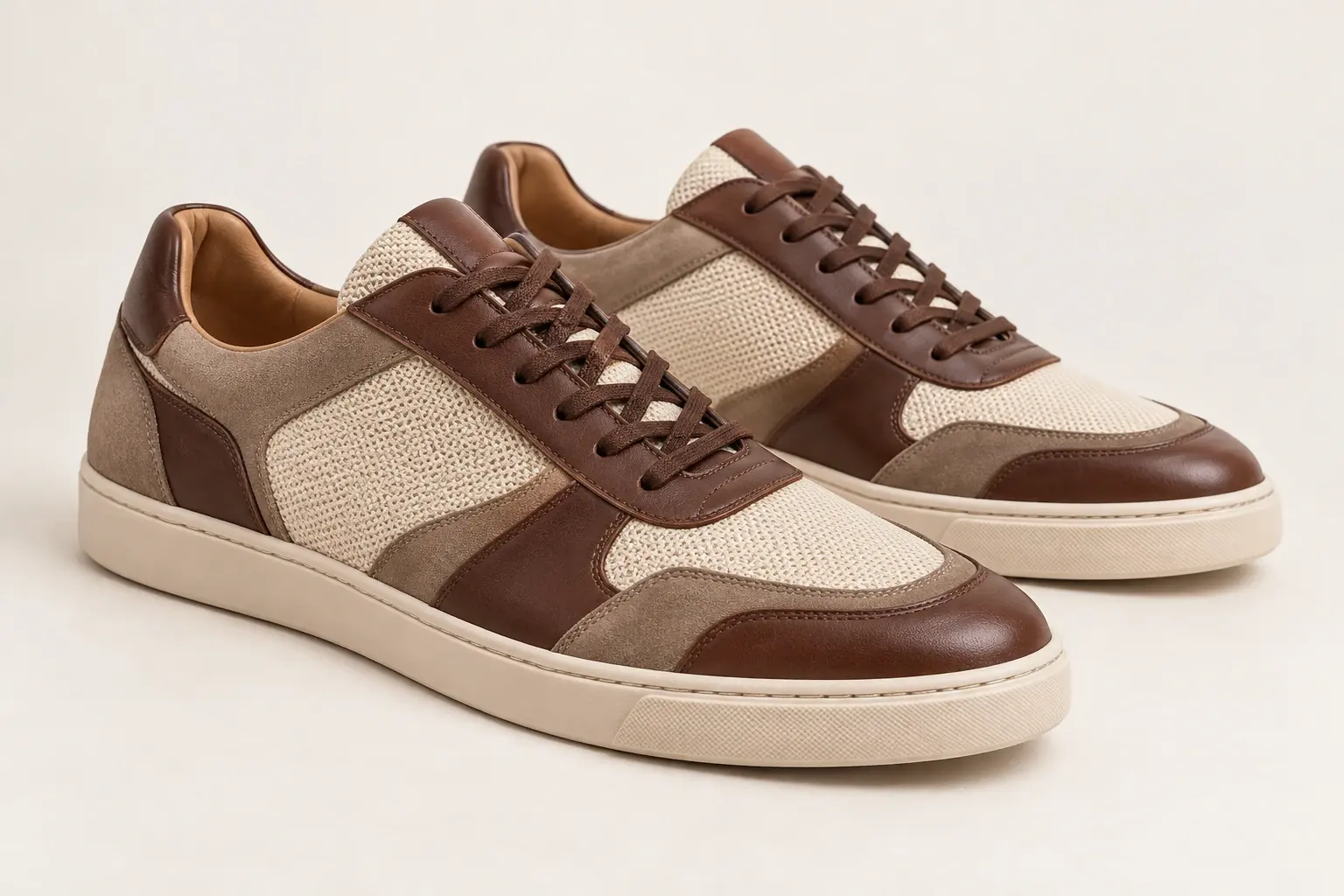 Ilustración mediante inteligencia artificial de unas zapatillas deportivas de estilo de vida originales que combinan piel lisa, ante y paneles de malla textil.
