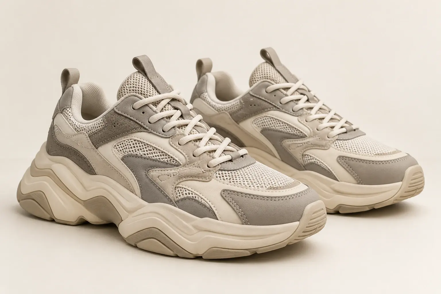 Ilustración mediante IA de unas zapatillas deportivas originales con suelas extragrandes superpuestas y proporciones amplias.
