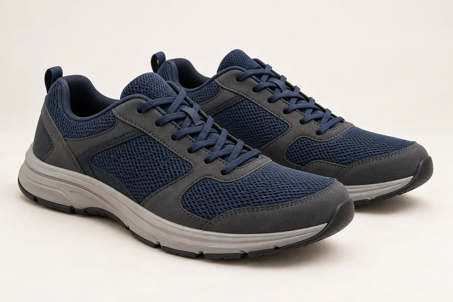 Ilustración mediante IA de unos zapatos de caminar genéricos para hombre, con una parte superior textil discreta y una suela moderada.