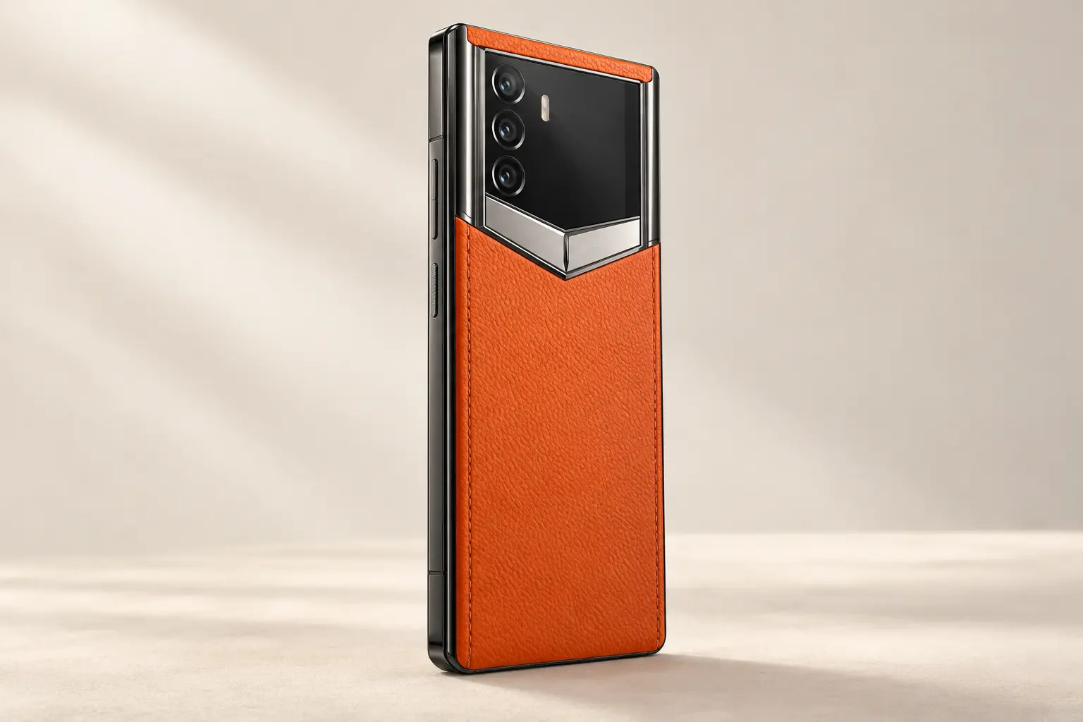 Ilustración original generada por IA del modelo VERTU Metavertu Max con montura de cerámica negra y placa plateada.