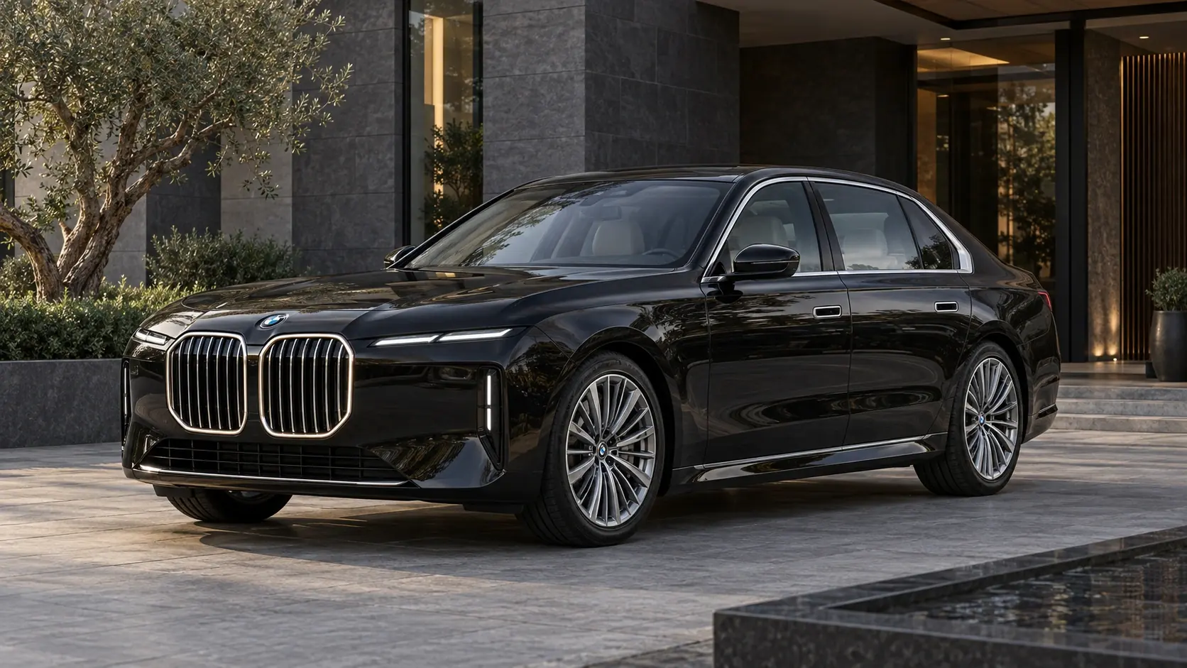 Illustration générée par IA du BMW 7 Series, représentée dans une vue extérieure de trois quarts avant.