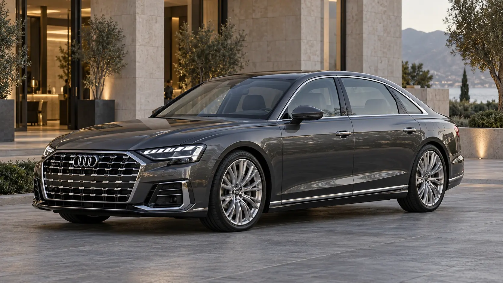 Illustration générée par IA de l'Audi A8 / A8 L, présentée en vue extérieure de trois quarts avant.