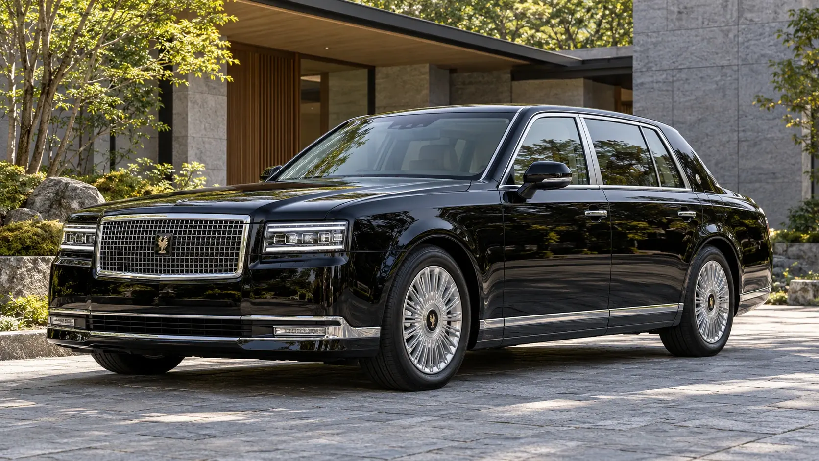 Illustration générée par IA du Toyota Century sedan, représentée en vue extérieure de trois quarts avant.