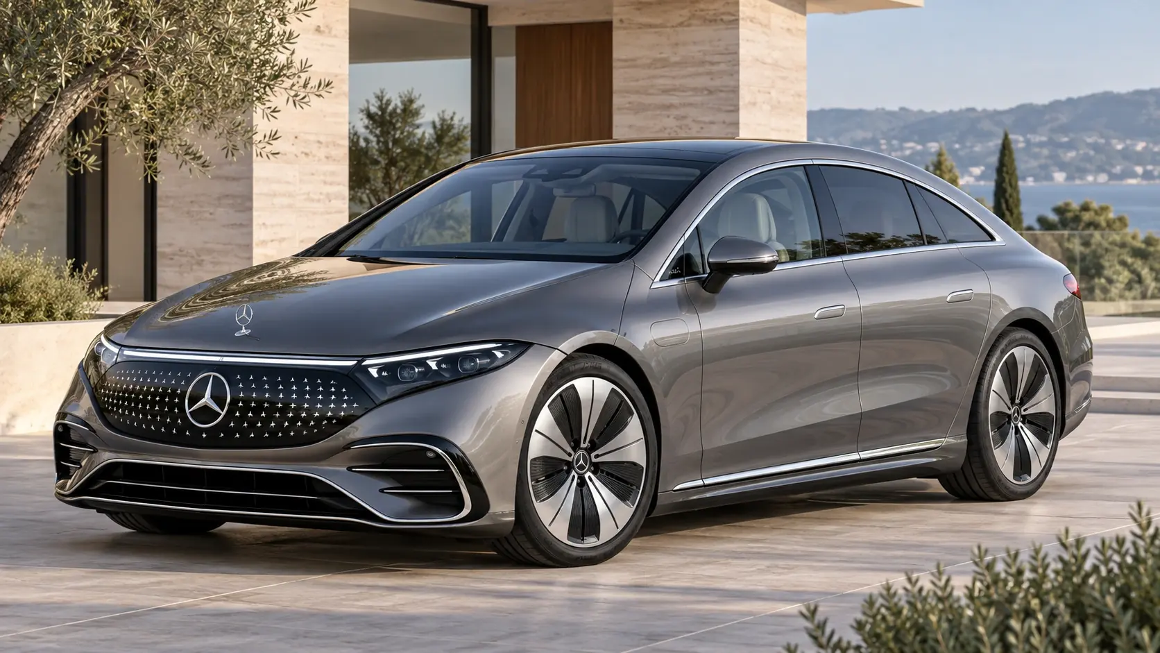 Illustration générée par IA du Mercedes-Benz EQS Sedan, représentée dans une vue extérieure de trois quarts avant.