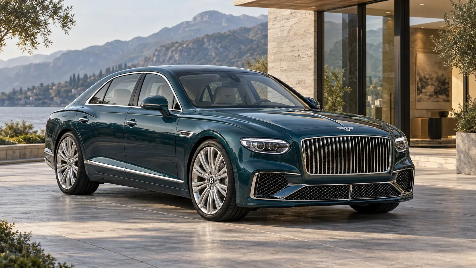 Illustration générée par IA de la Bentley Flying Spur, présentée en vue extérieure de trois quarts avant.