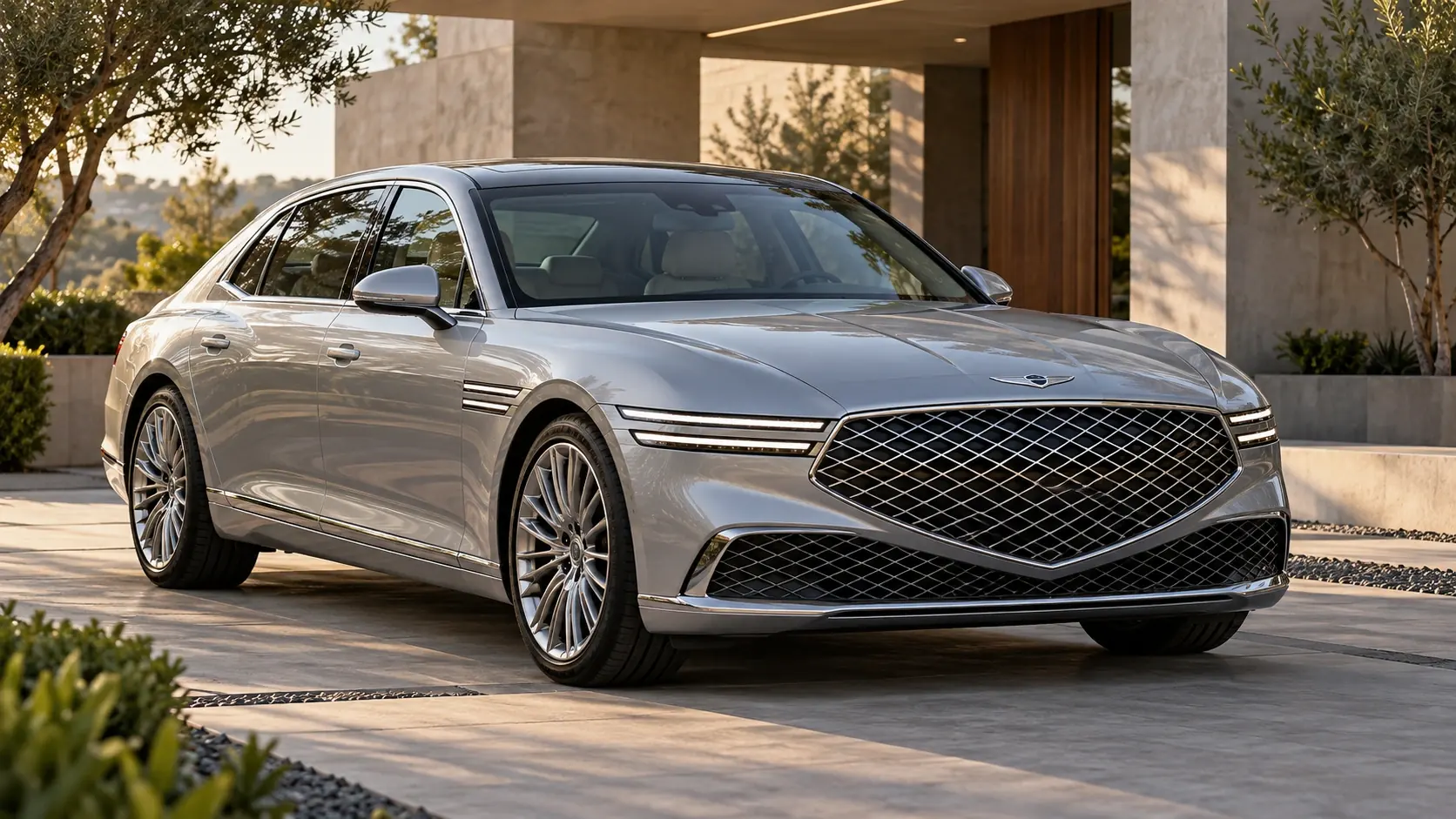 Illustration générée par IA de la Genesis G90, présentée en vue extérieure de trois quarts avant.