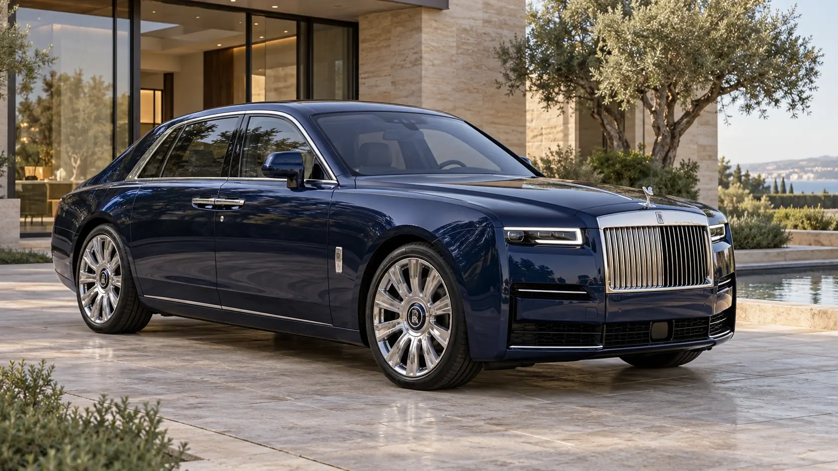 Illustration générée par IA de la Rolls-Royce Ghost, présentée en vue extérieure de trois quarts avant.