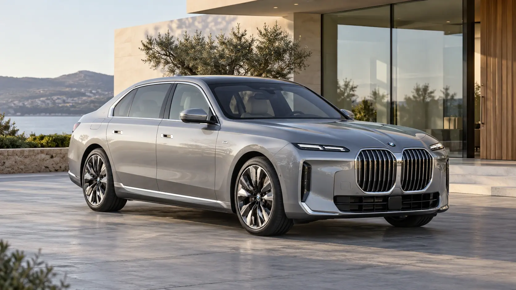 Illustration de la BMW i7 générée par IA, présentée en vue extérieure de trois quarts avant.