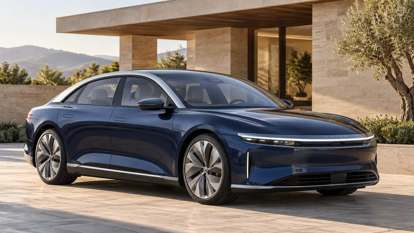 Illustration générée par IA de la Lucid Air Touring, présentée en vue extérieure de trois quarts avant.