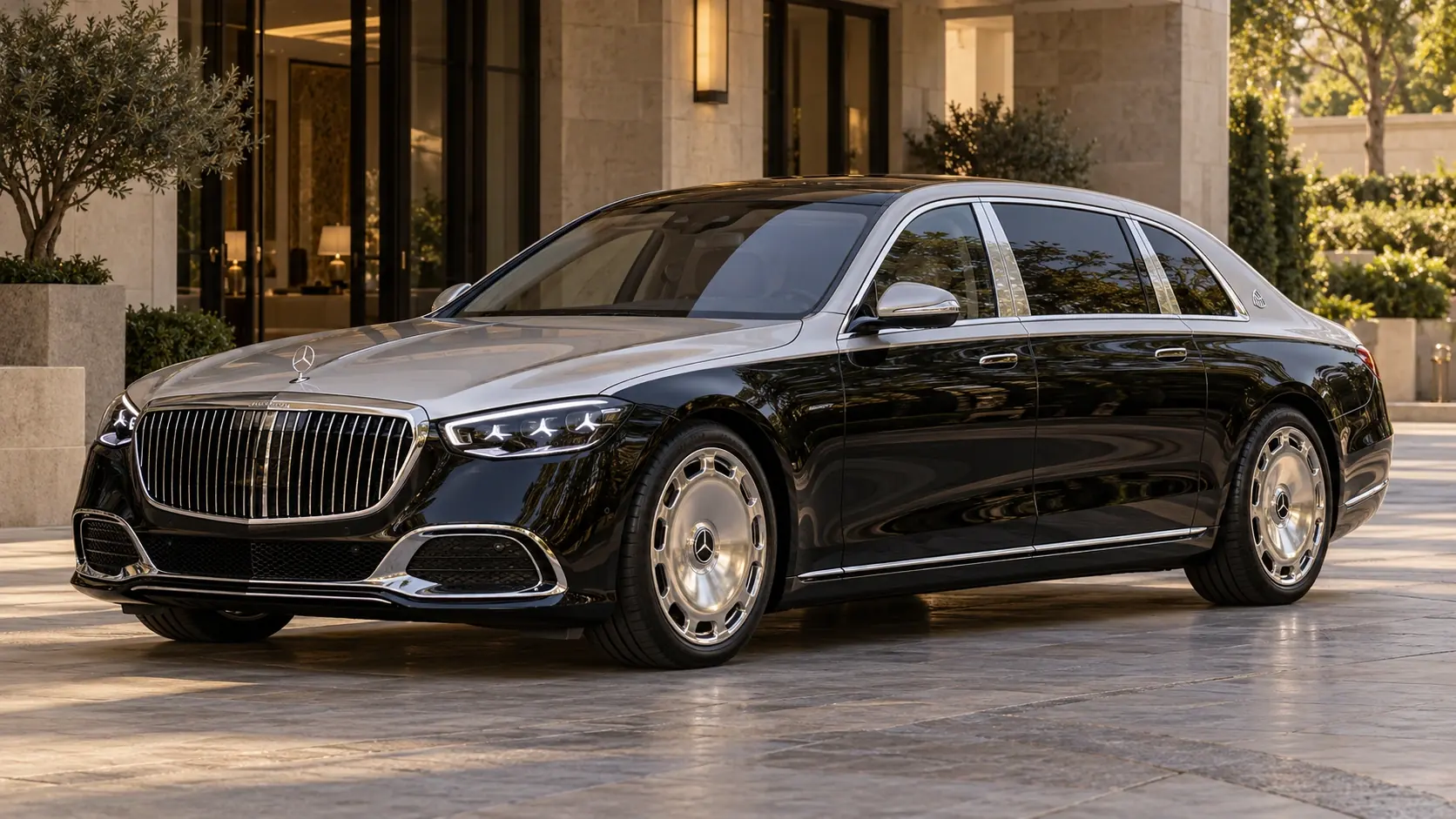 Illustration générée par IA du Mercedes-Maybach S-Class, représentée en vue extérieure de trois quarts avant.