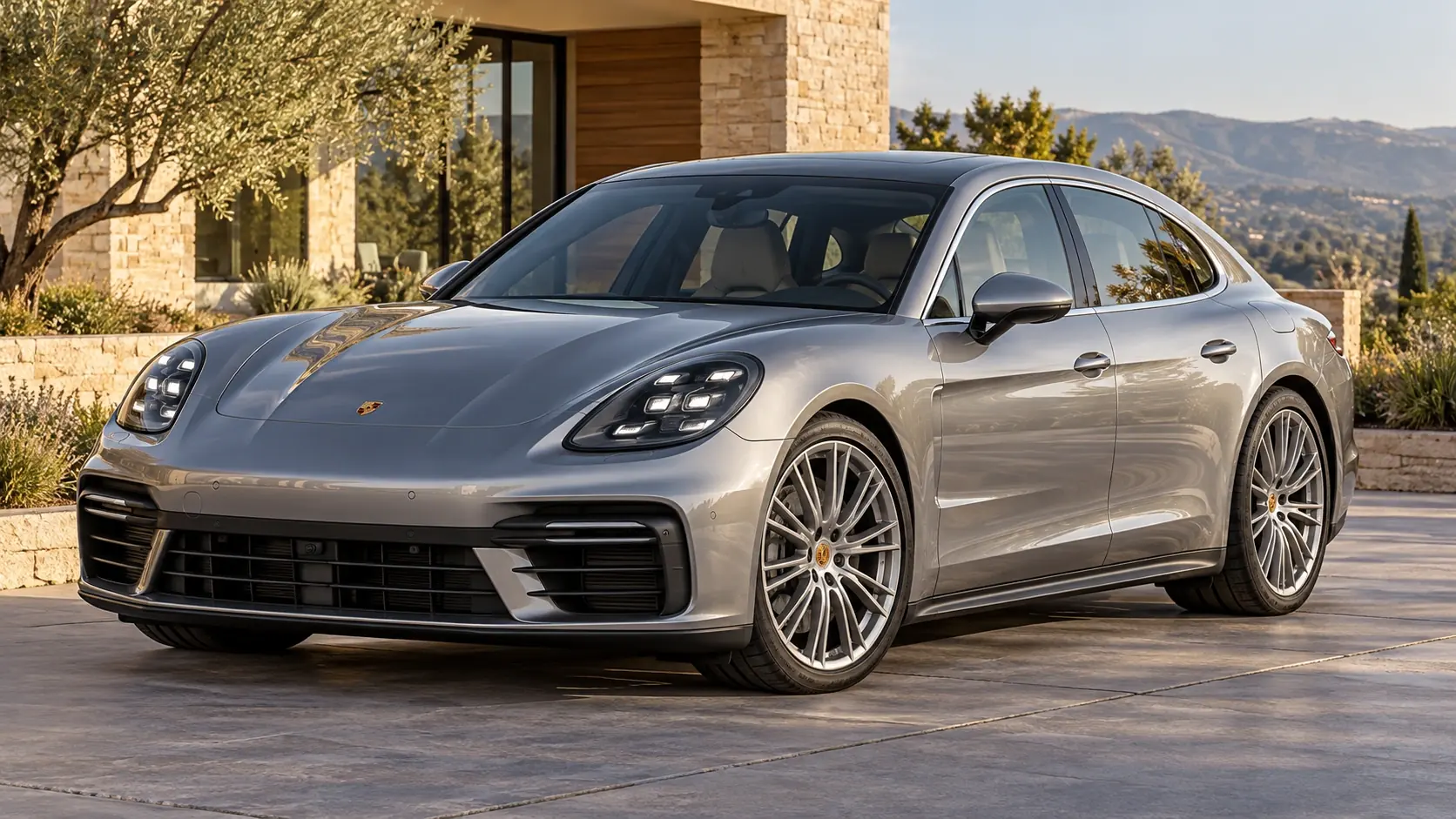 Illustration de la Porsche Panamera générée par IA, présentée en vue extérieure de trois quarts avant.